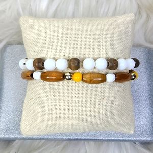 Stretch Beaded Bracelets Set of 2 Wood Stackable  Lightweight Jewelry Unisex